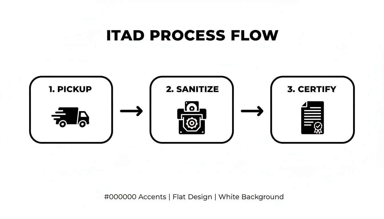 ITAD process flow diagram showing three steps: 1. Pickup, 2. Sanitize, and 3. Certify.