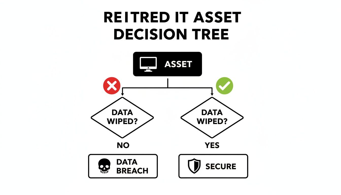 A decision tree flowchart for retired IT asset management, showing data wiping leads to security.