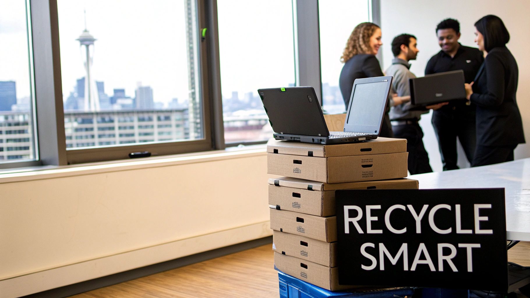 A stack of cardboard boxes with laptops and a 'RECYCLE SMART' sign in an office.