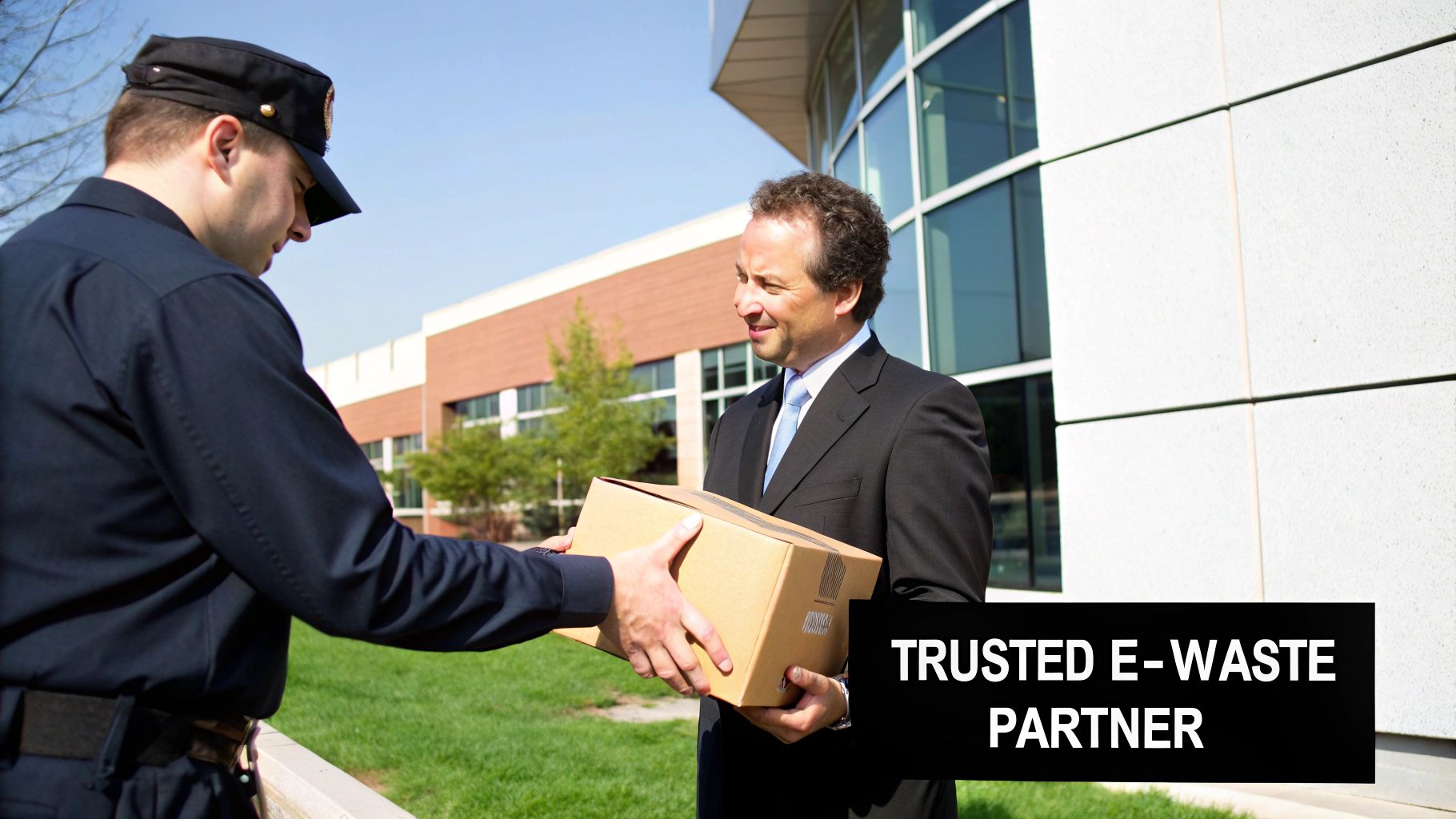 A worker sorts electronic waste in a brightly lit, clean recycling facility.
