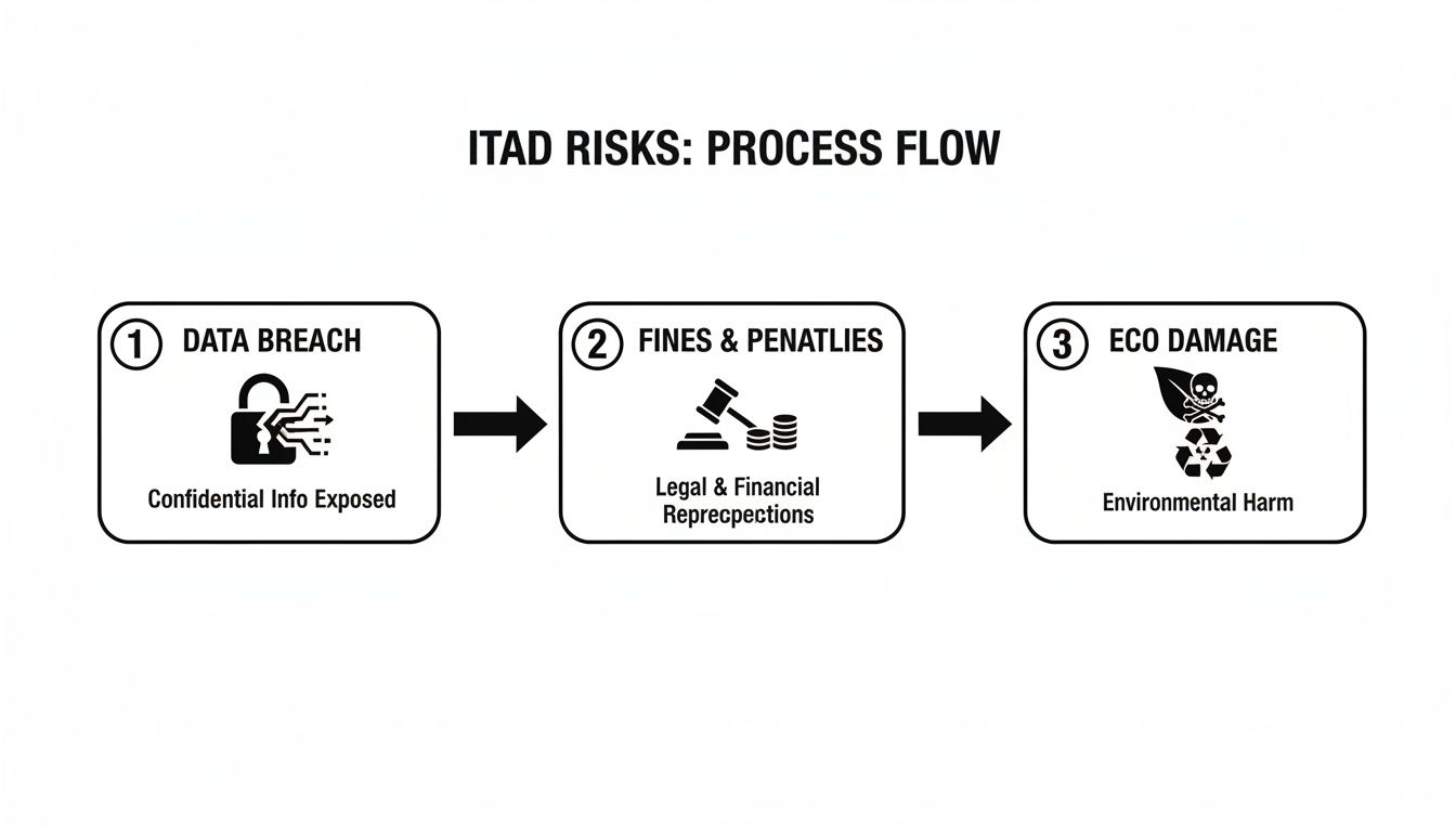 A process flow diagram illustrating ITAD risks, including data breach, fines, and eco damage.