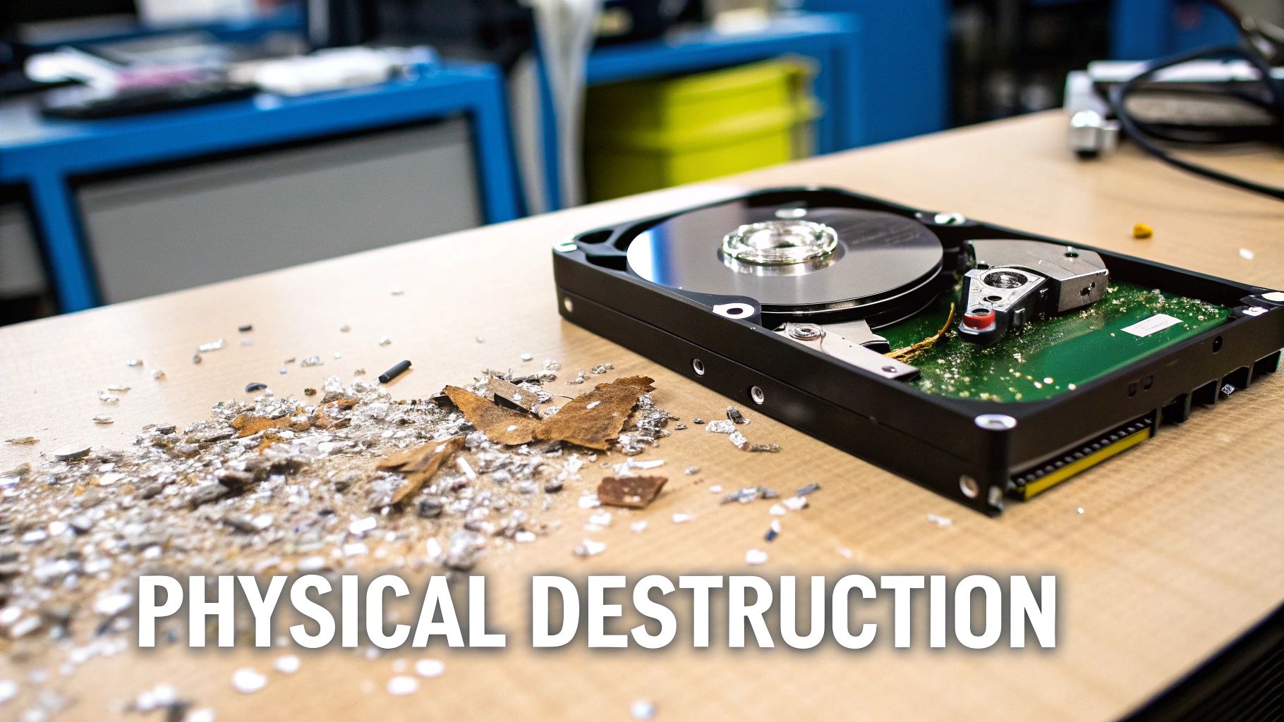 Industrial hard drive shredder reducing drives to small fragments.