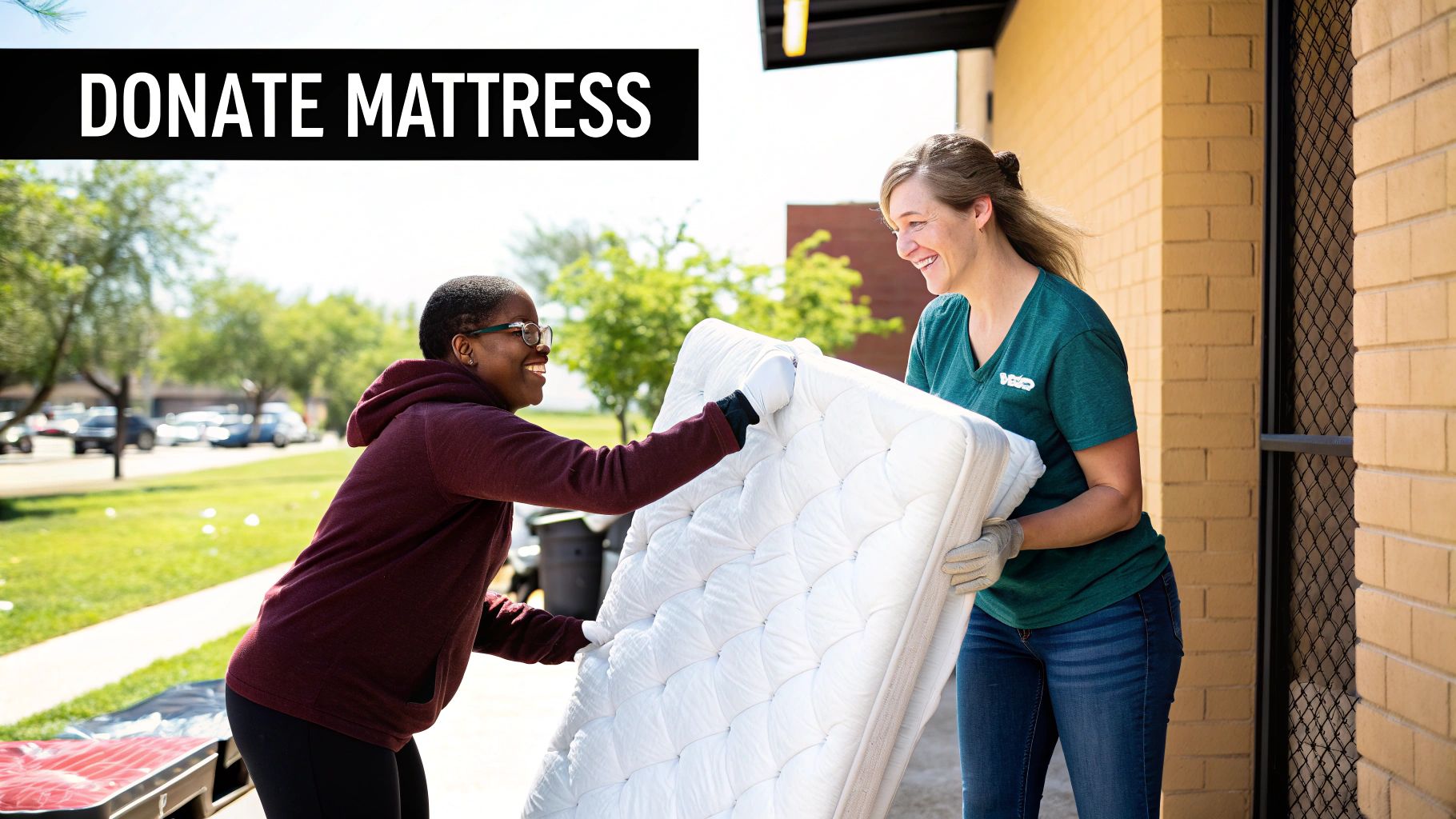 A clean mattress leaning against a wall, ready for donation