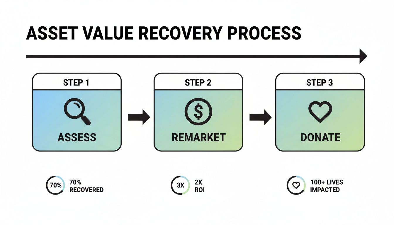 A diagram illustrating a 3-step asset value recovery process: Assess, Remarket, and Donate.