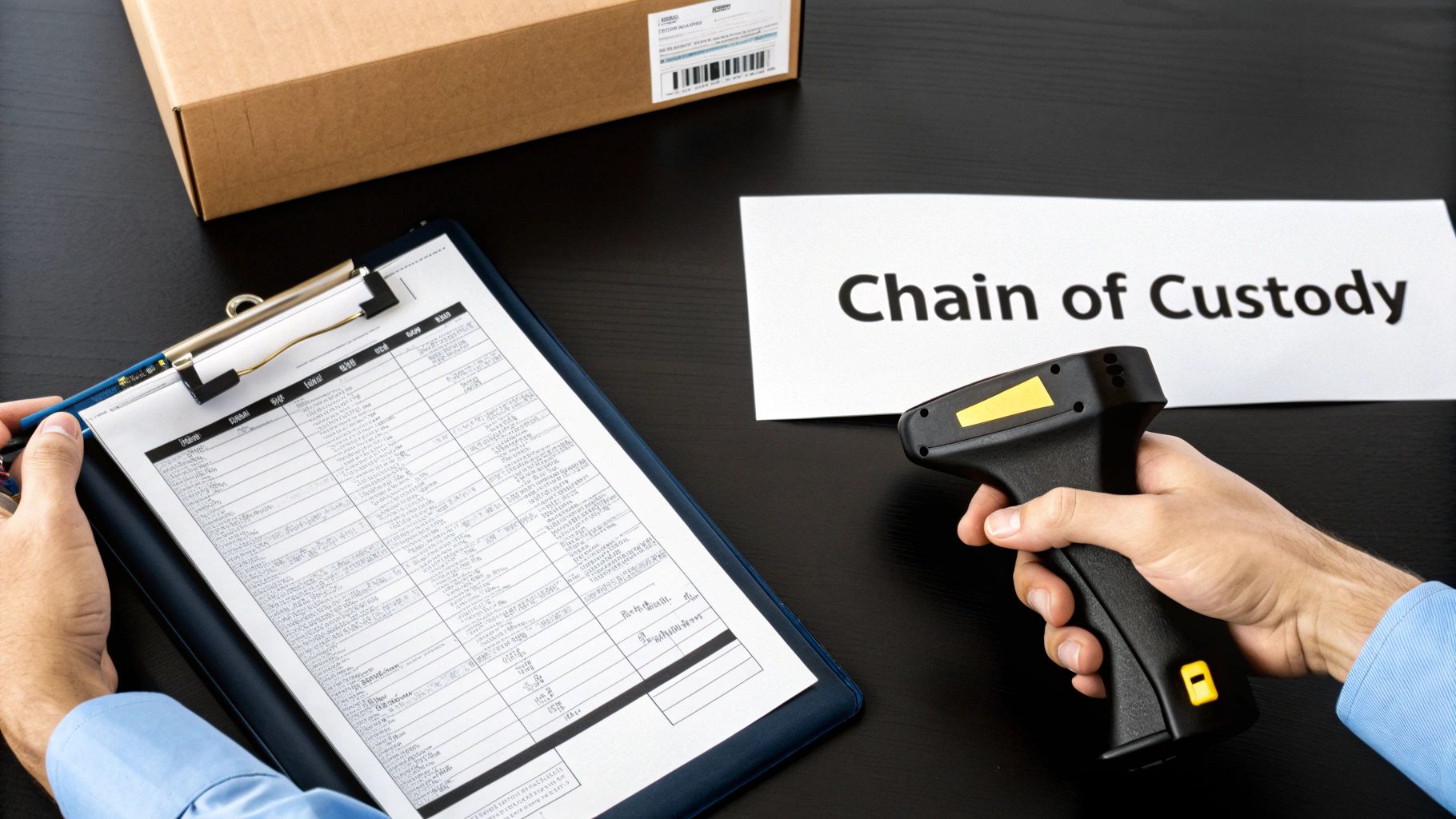 Hands using a barcode scanner and reviewing a chain of custody form with a package.