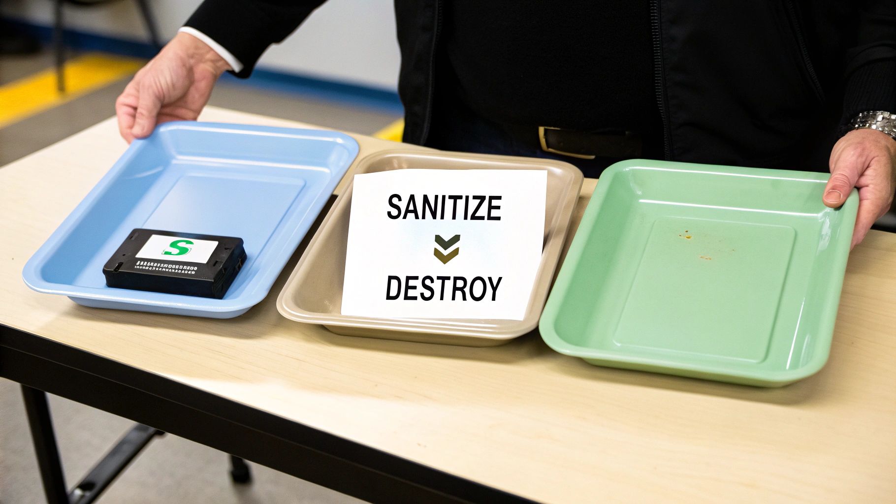 Hands holding three trays: one with an SSD, another with a 'SANITIZE DESTROY' sign, and an empty one.