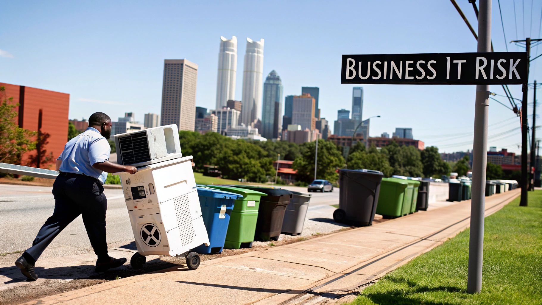 Man pushing old computer equipment on a cart past recycling bins under a 'BUSINESS IT RISK' sign in a city.