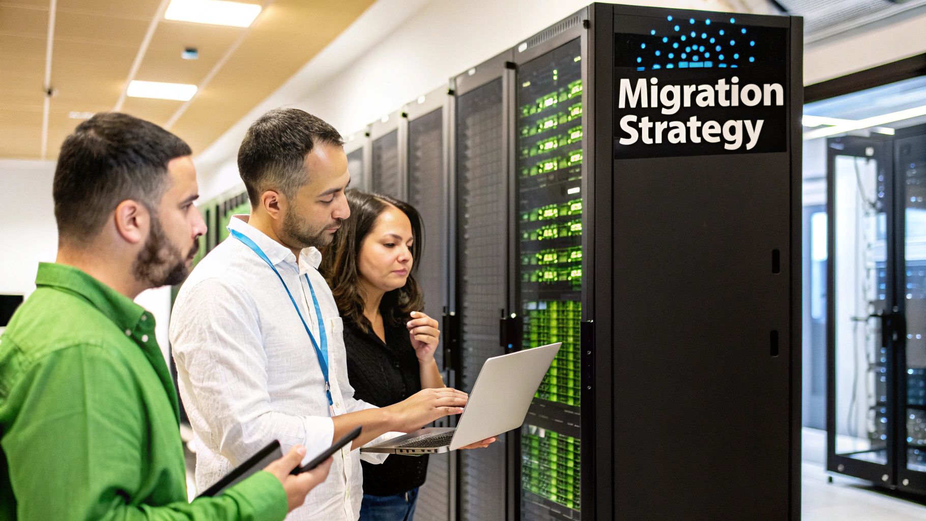 A team of IT professionals planning a data center migration strategy around a table with blueprints.