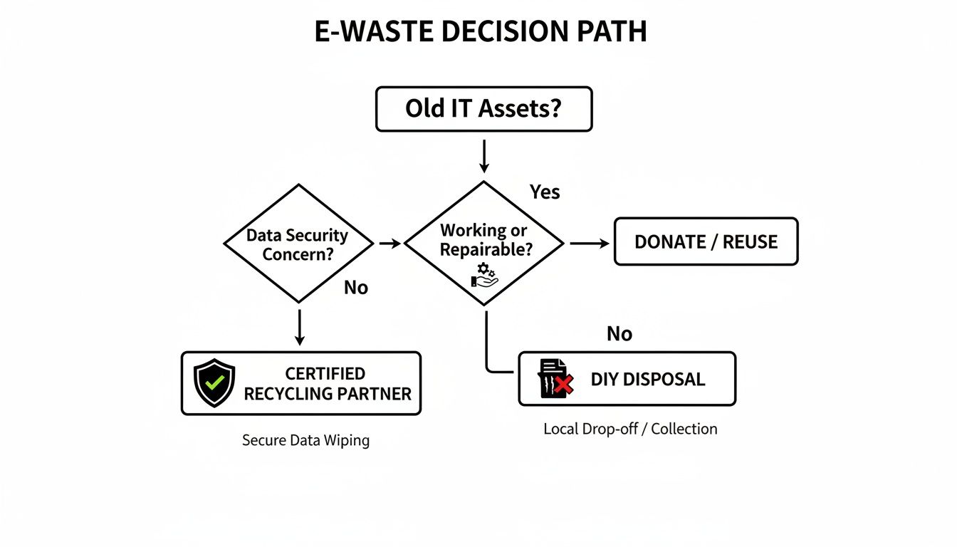 Flowchart outlining the e-waste decision path for old IT assets, considering data security, repairability, and disposal options.