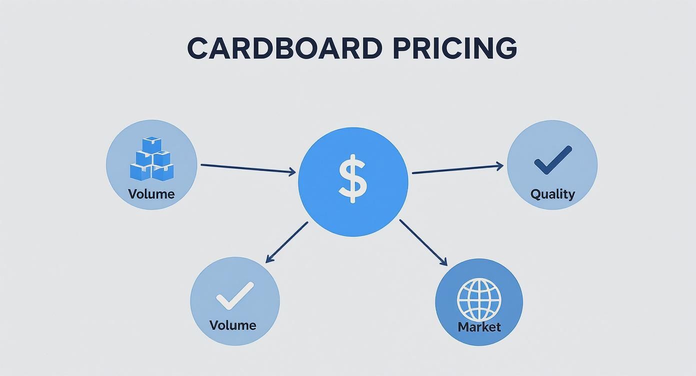 Diagram showing cardboard pricing influenced by volume, quality, and market factors.