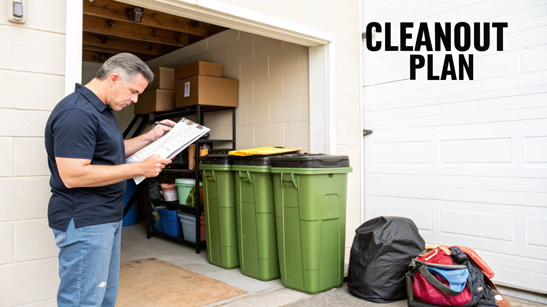 A neatly organized garage with tools hanging on the wall and items stored in bins on shelves