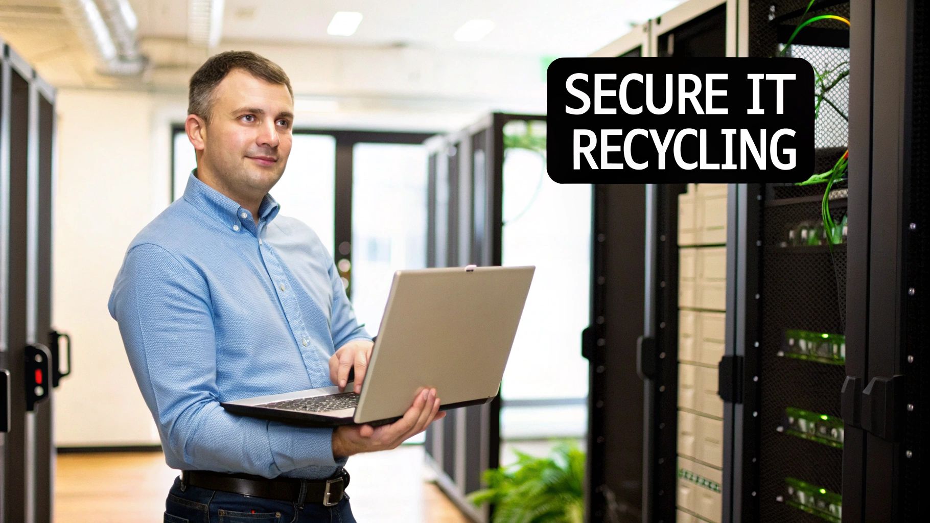 An IT professional in a server room holds a laptop, with text 'SECURE IT RECYCLING'.