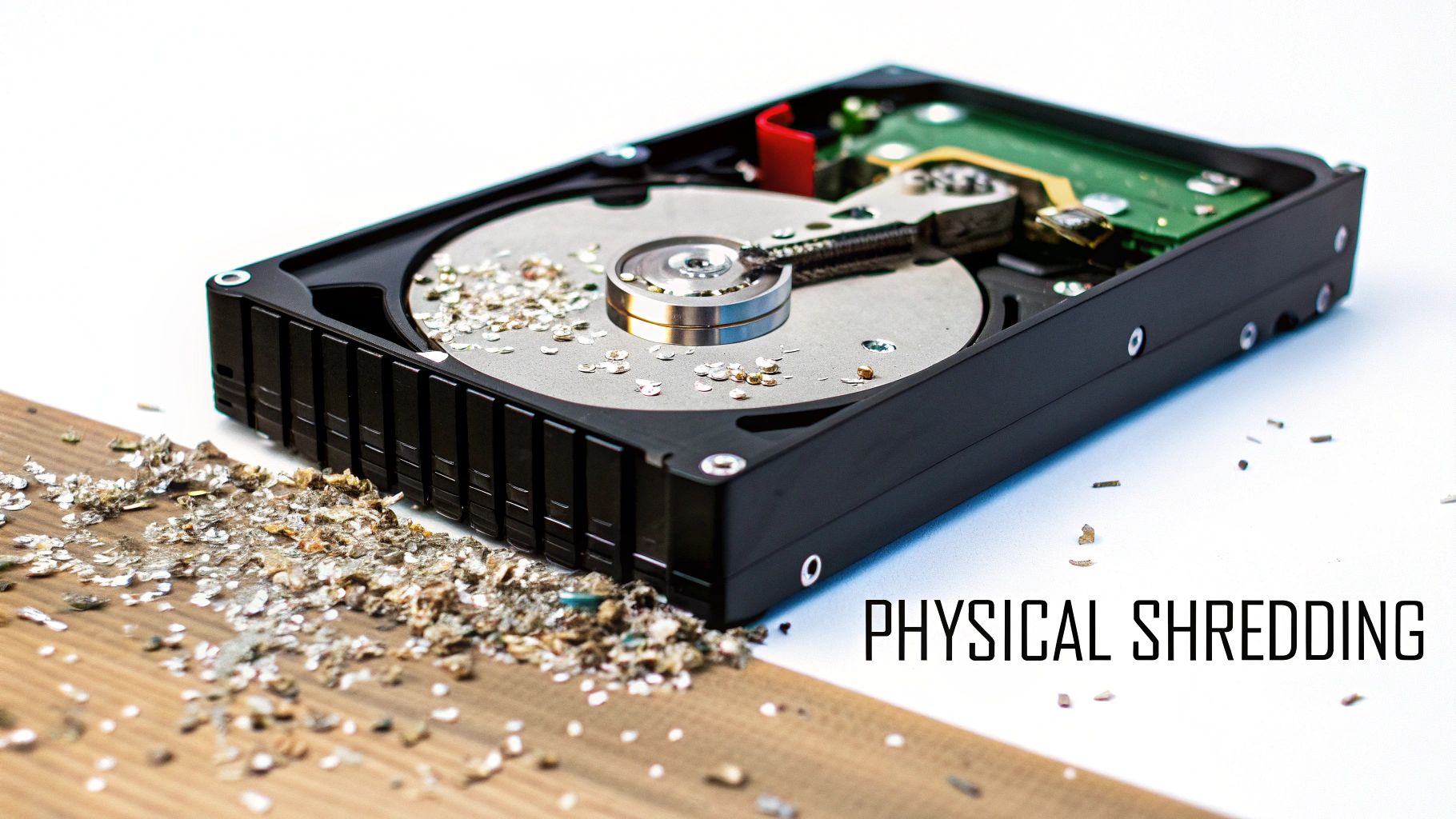 An opened hard drive with metallic shredded debris, symbolizing physical data destruction and security.