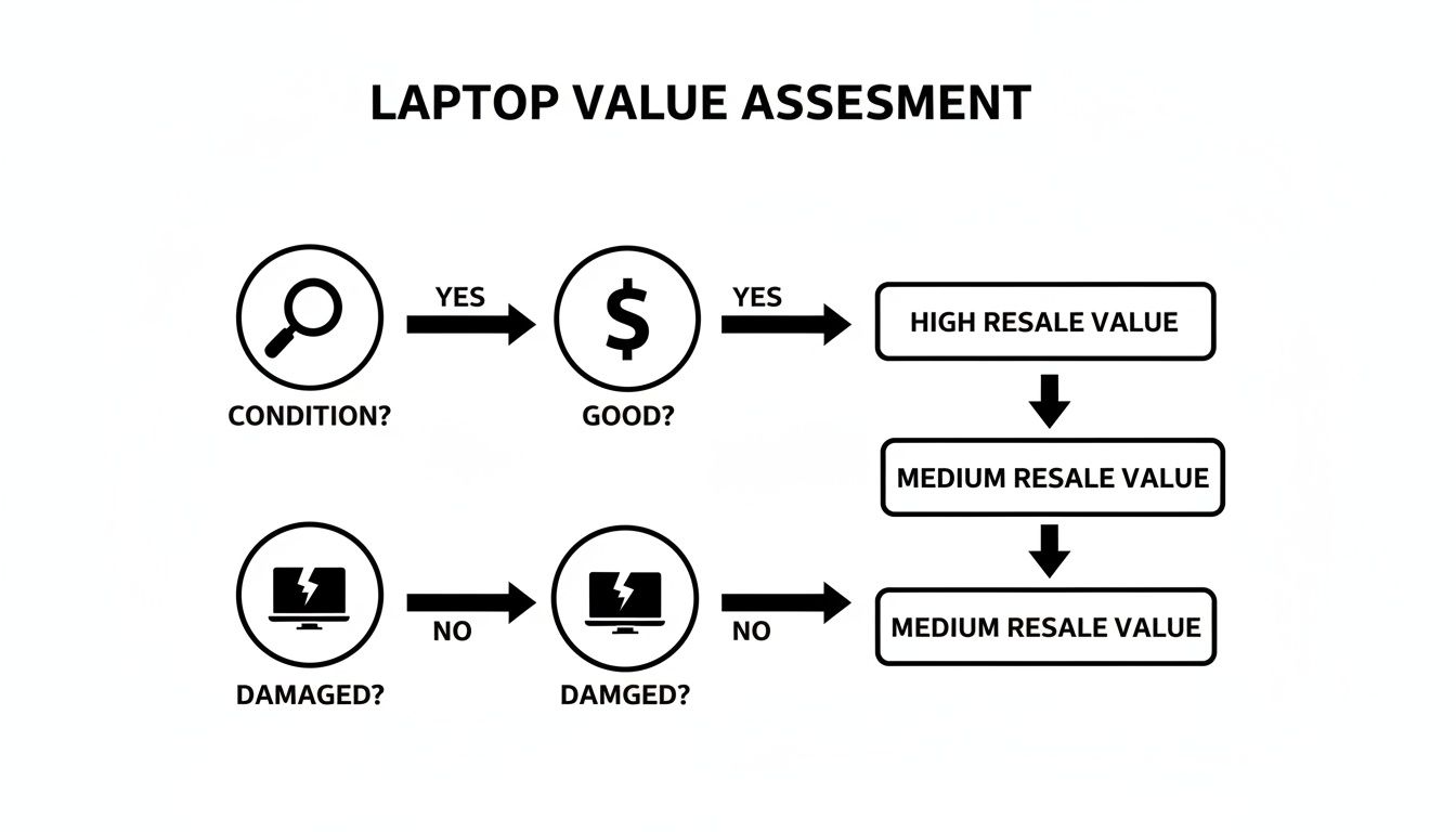 Flowchart showing laptop value assessment, leading to high or medium resale value based on condition and damage.