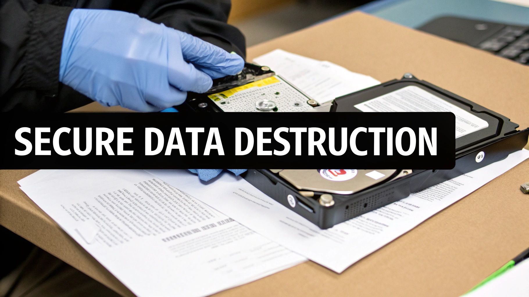 A person in blue gloves disassembling a hard drive for secure data destruction, with text overlay.