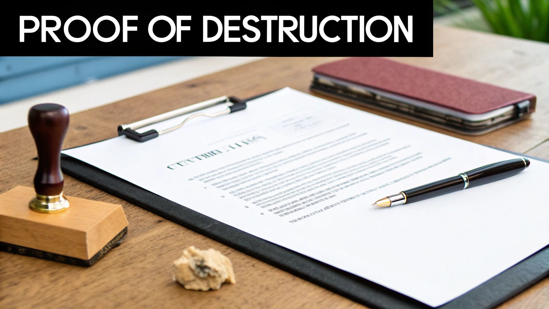 A document titled 'PROOF OF DESTRUCTION' on a clipboard with a pen, stamp, and crumpled paper on a wooden desk.