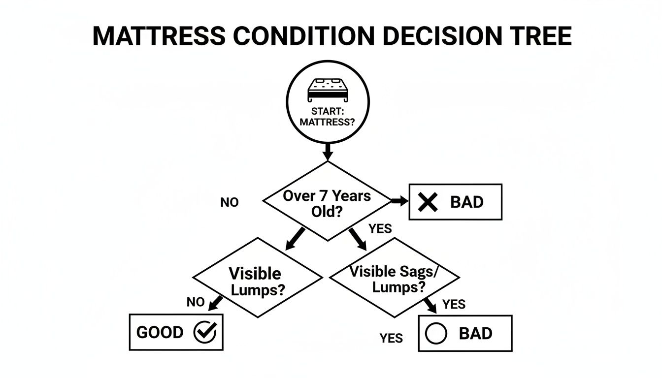 Decision tree flowchart showing how to evaluate a mattress's condition based on age and visible defects.