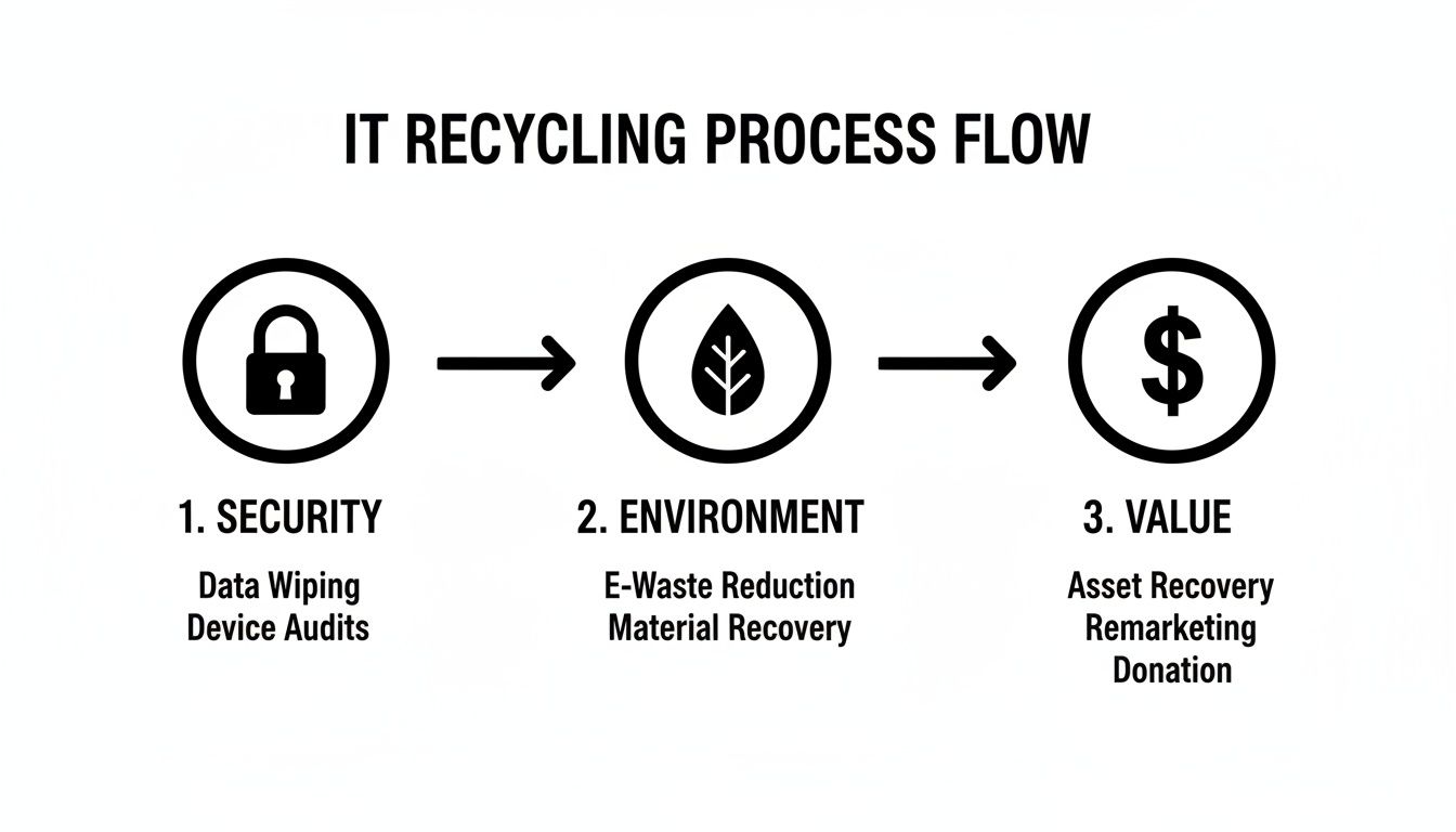IT recycling process flow diagram illustrating security, environment, and value steps with details.