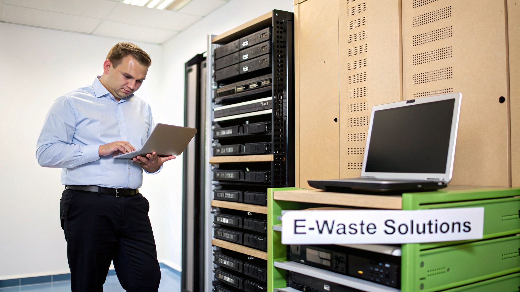 A man works on a laptop in a data center with server racks and an 'E-Waste Solutions' sign.