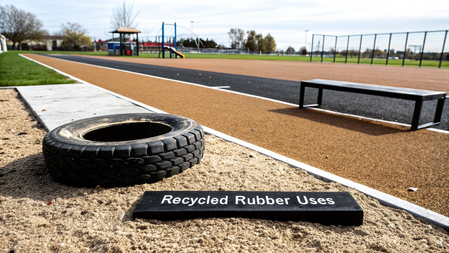 A large tire and a 'Recycled Rubber Uses' sign near an outdoor track made from recycled rubber in a park.