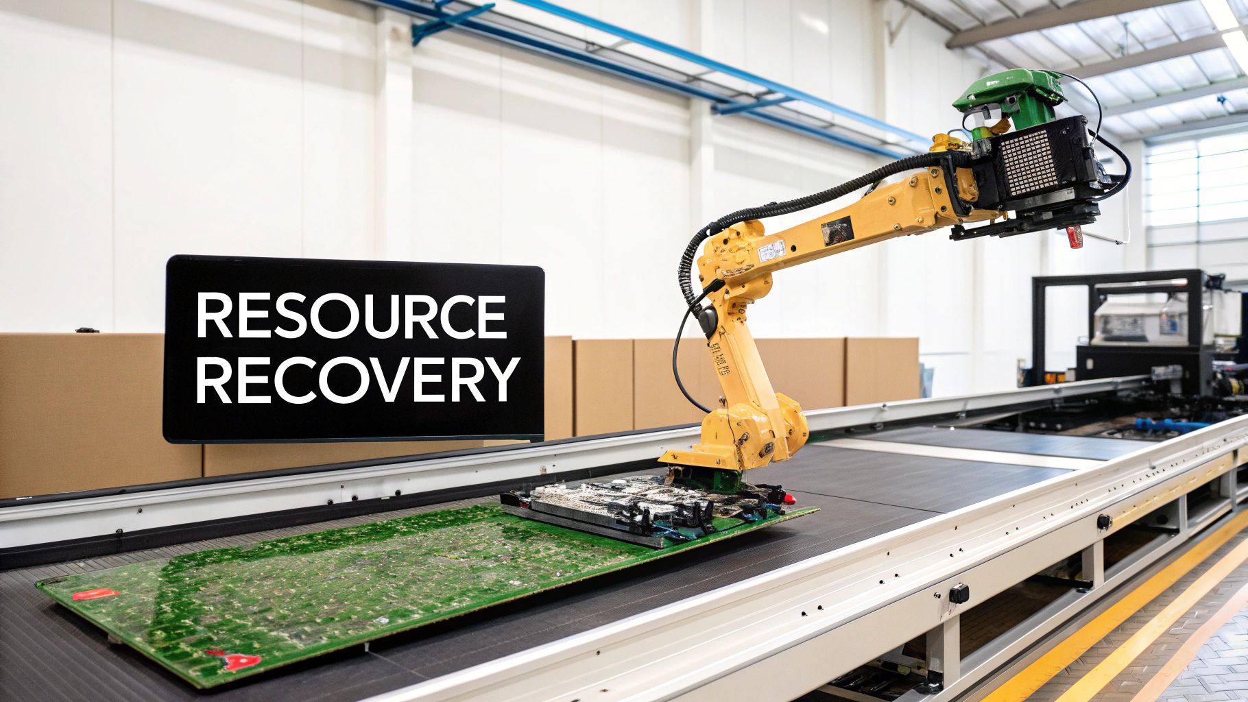 A robotic arm disassembles circuit boards for resource recovery in an industrial setting.