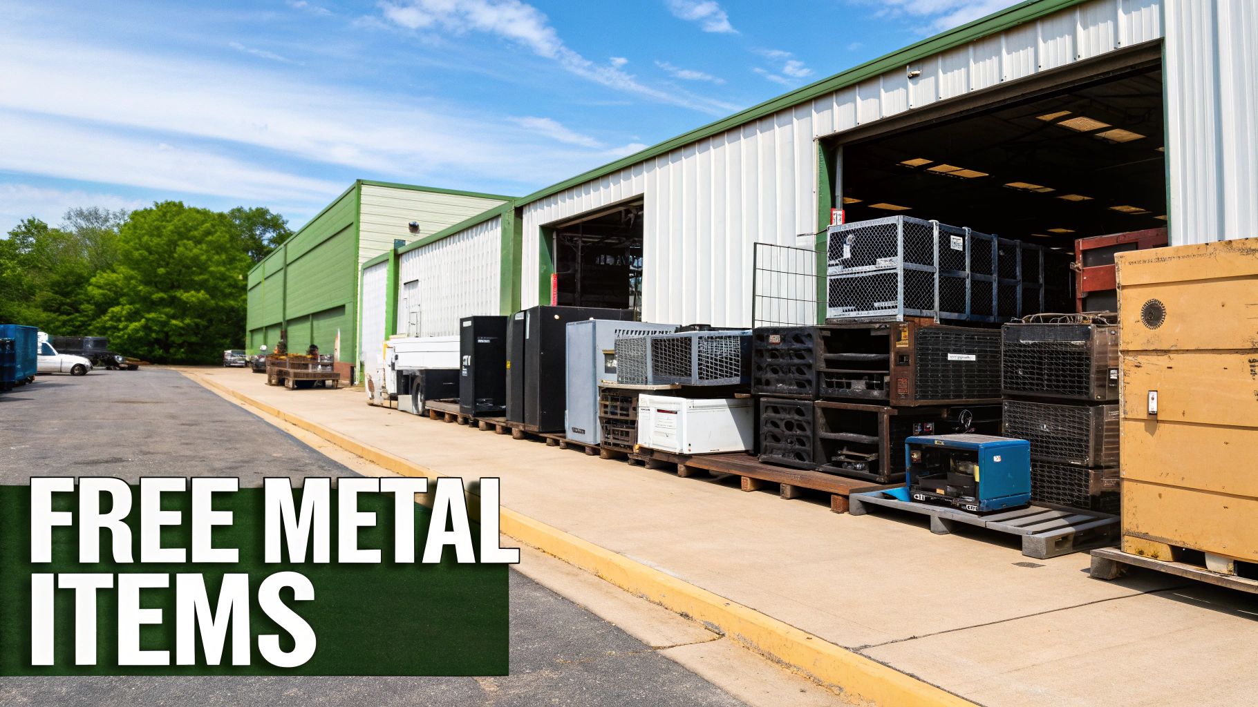 Scrap metal including shelving and beams at a commercial site