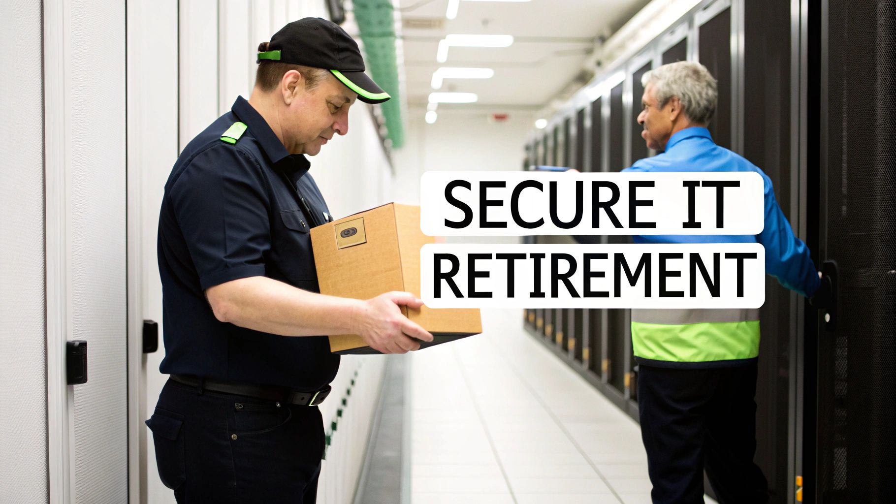 Two technicians in a data center, one holding a box, near server racks, emphasizing secure IT asset disposal.