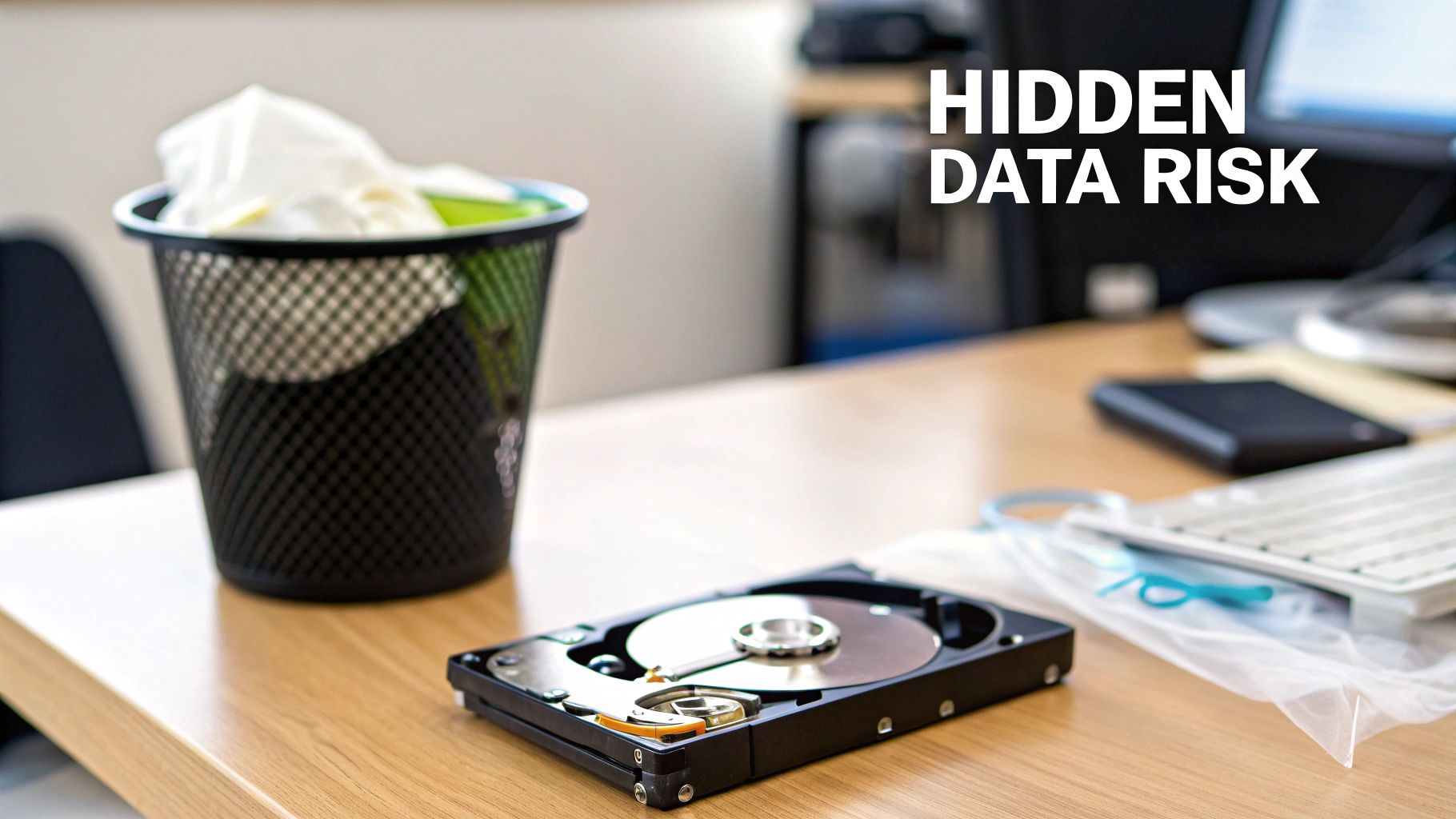 An open hard drive on a wooden desk next to a trash can, highlighting hidden data risk.