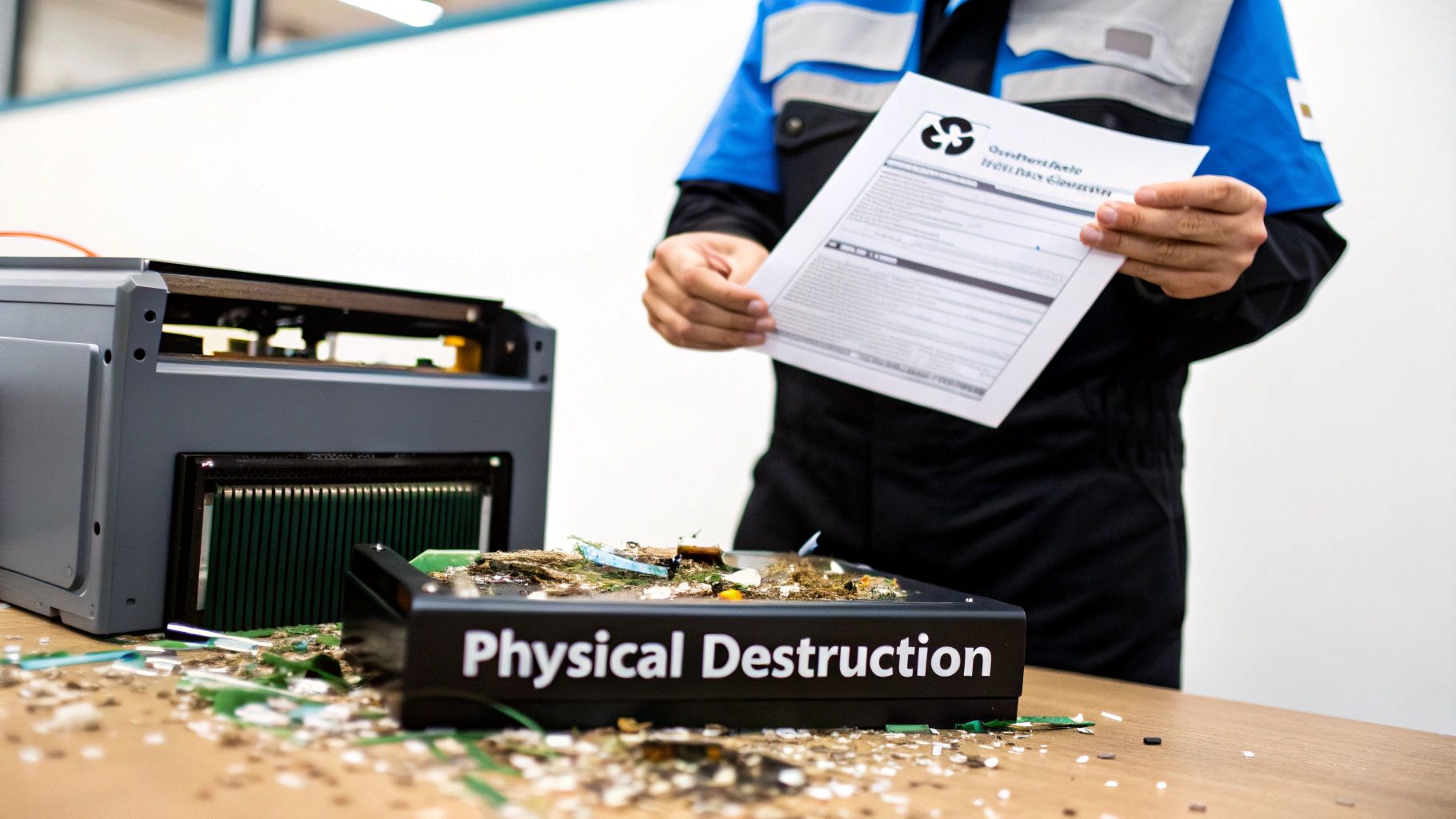 A machine physically shredding a computer hard drive into small metal pieces.