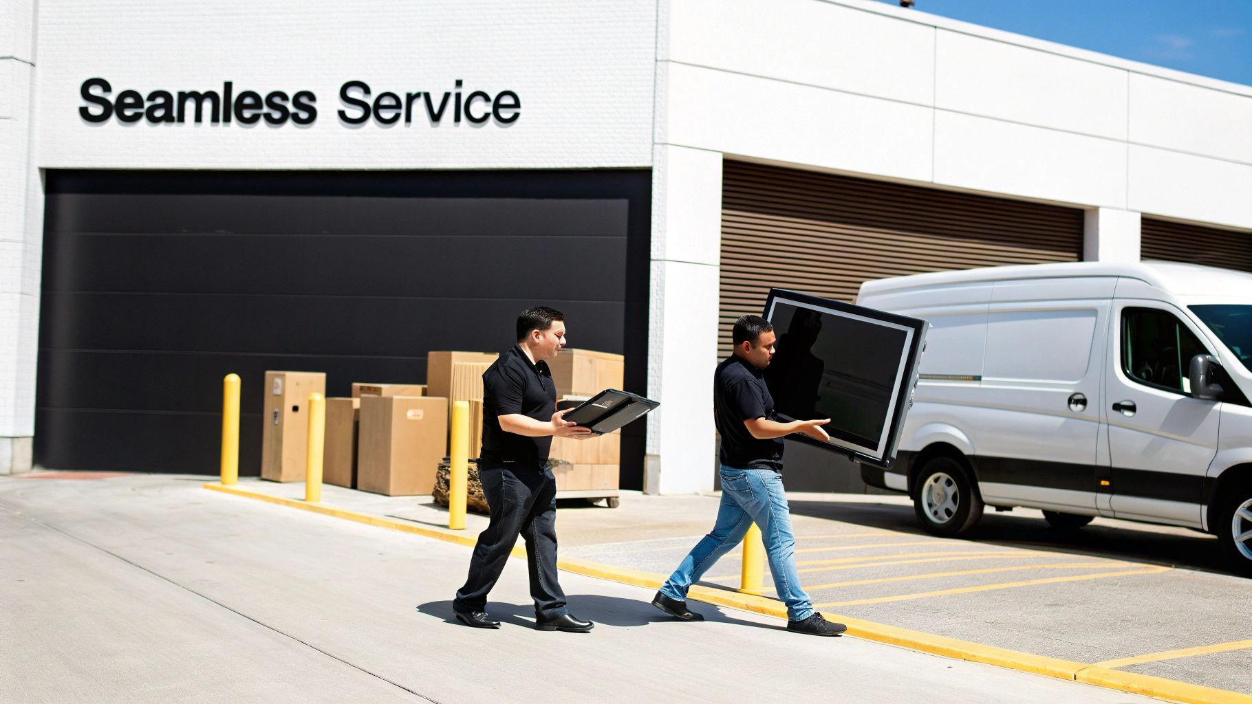 Two men carry a television and folder past a 'Seamless Service' building and white van.