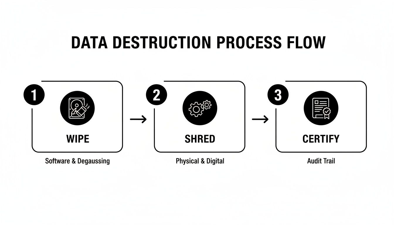 Data destruction process flow diagram showing wipe, shred, and certify steps for secure data disposal.
