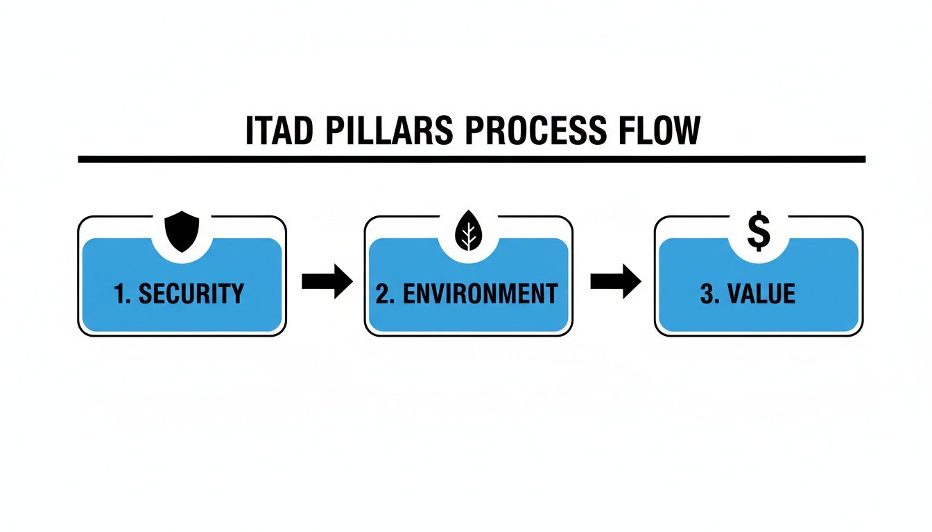 Process flow diagram illustrating the three pillars of ITAD: Security, Environment, and Value.