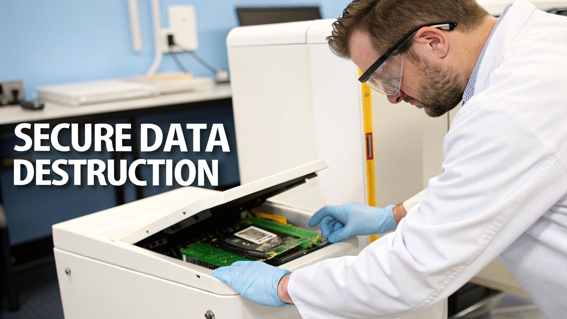 A man in a lab coat and safety glasses securely destroys electronic data components with a specialized machine.