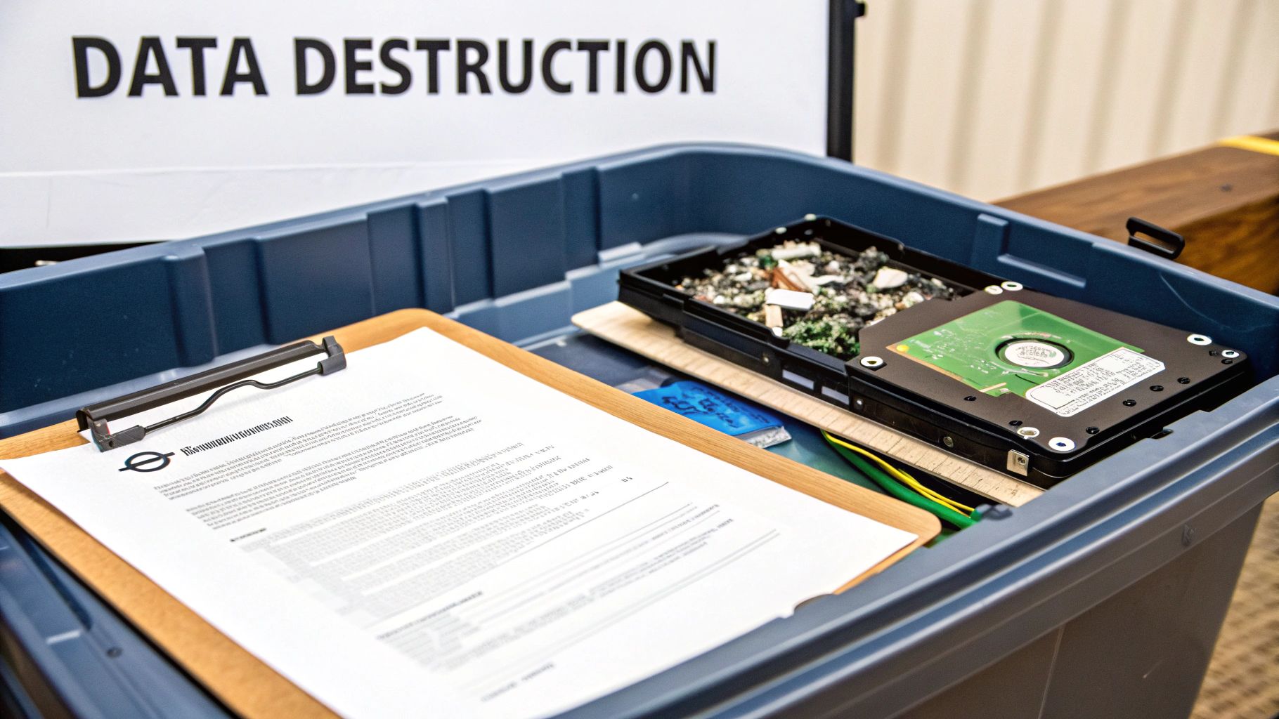 A blue bin holds a clipboard with documents and hard drives, some disassembled, for data destruction.