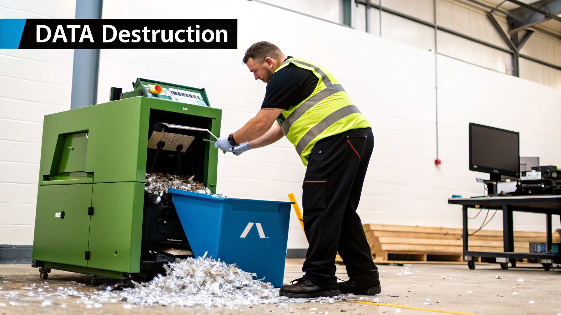Man in high-vis vest operating a large green machine for secure electronic data destruction.