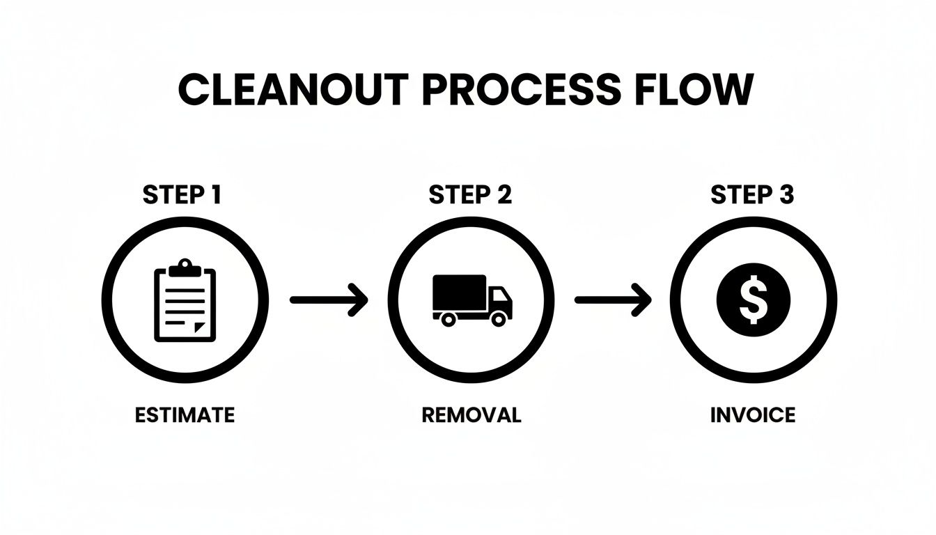Cleanout process flow diagram illustrating three steps: estimate with clipboard, removal with truck, and invoice with dollar sign.