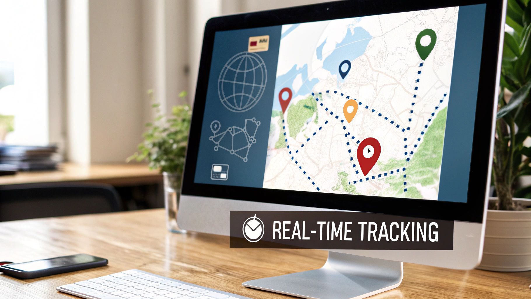 A computer screen displays a real-time tracking map with location pins and routes on a wooden desk.