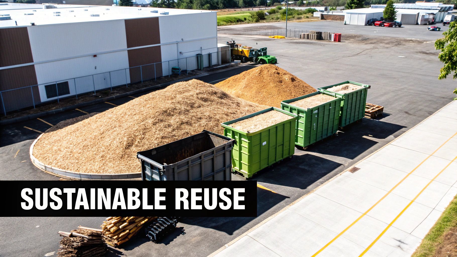 A large pile of wood chips made from recycled tree debris, showing a sustainable disposal method.