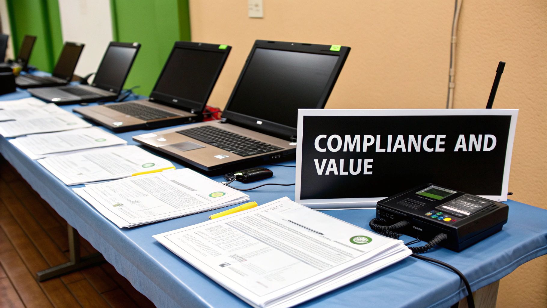 A long table with laptops, stacks of documents, a monitor displaying 'COMPLIANCE AND VALUE', and an electronic device.