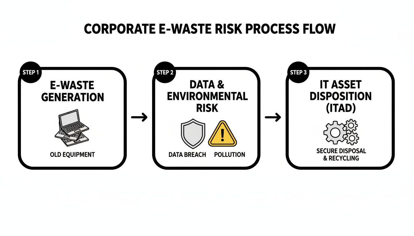 Flowchart illustrating the corporate e-waste risk management process, from generation to secure disposition.