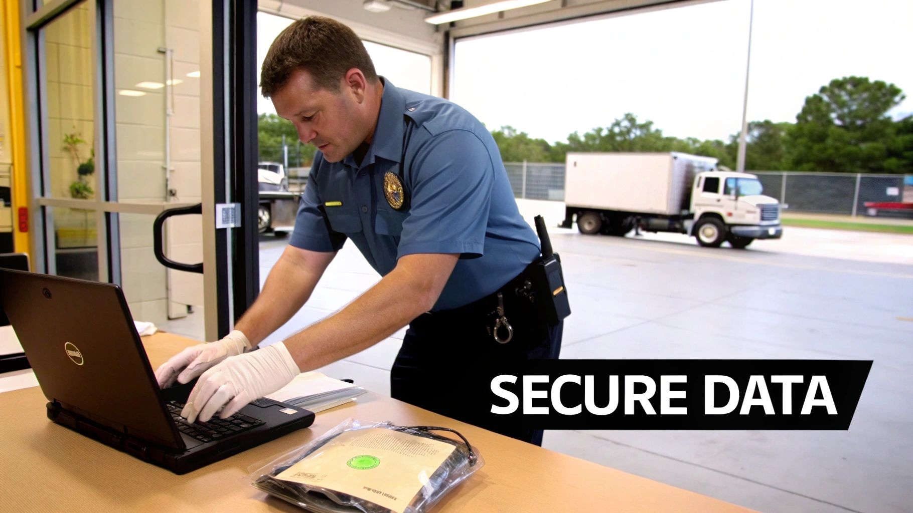 An officer in gloves types on a laptop, securing data, with a truck visible outside.