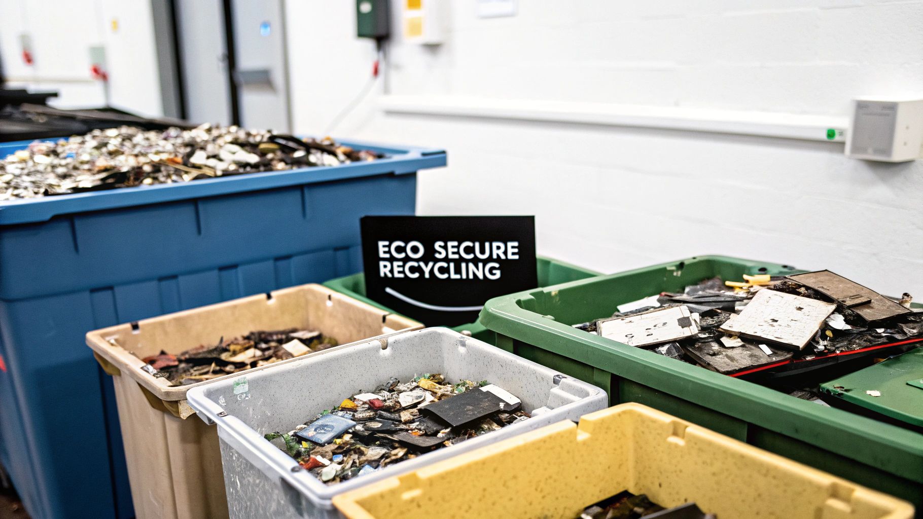 A person holding a green sprout growing from a cracked hard drive, symbolizing e-waste recycling.