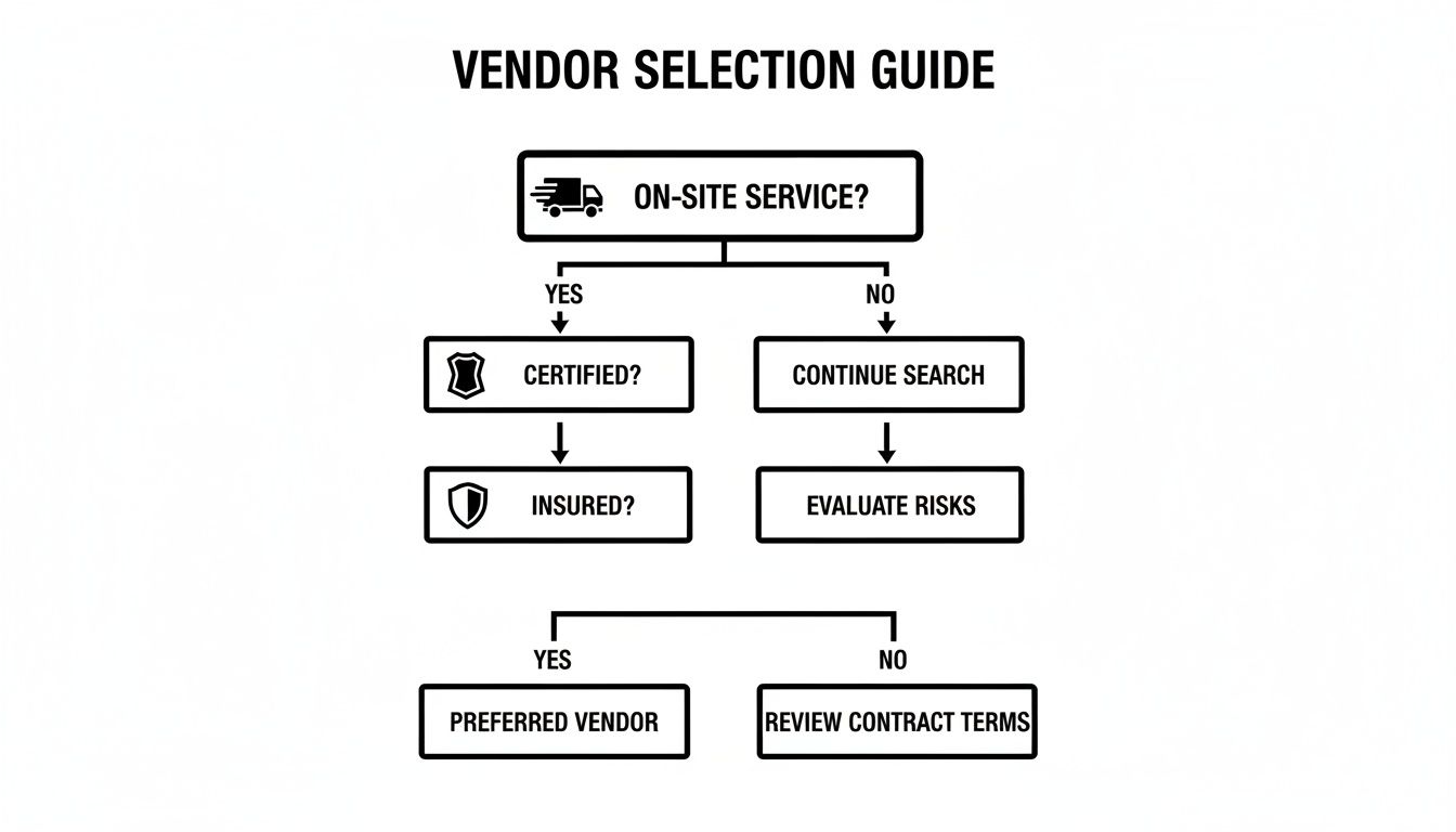 Flowchart detailing a vendor selection guide process, including checks for on-site service, certification, and insurance.