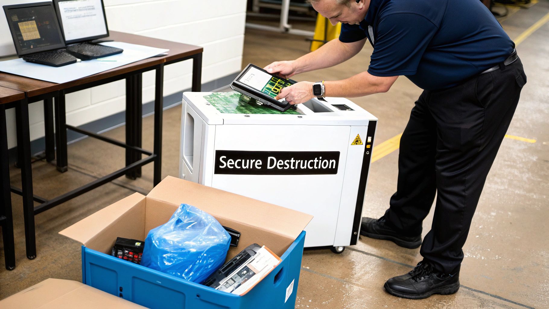 Technician destroying old electronic devices in a secure destruction machine with shredded circuit boards.