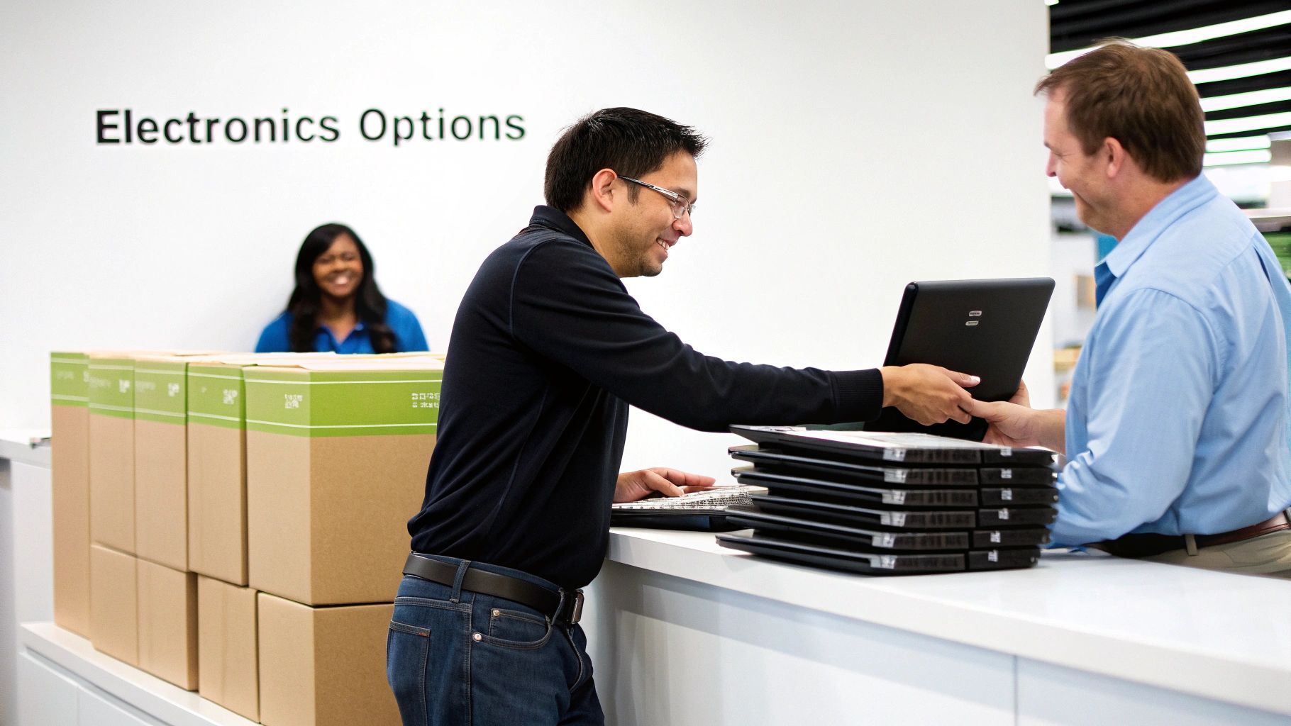 Customer selling laptop to electronics store employee at retail counter with stacked devices