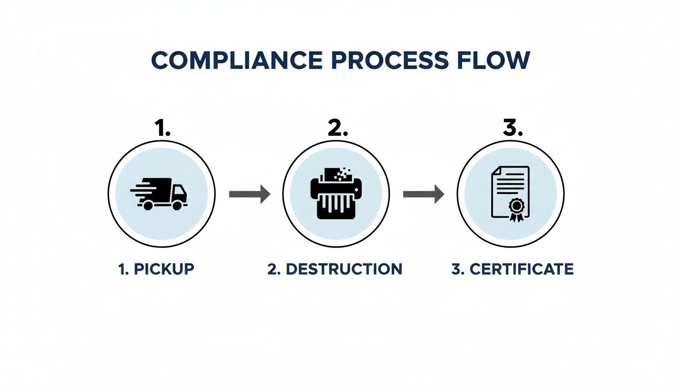 Infographic outlining the three-step compliance process: document pickup, secure destruction, and certification.