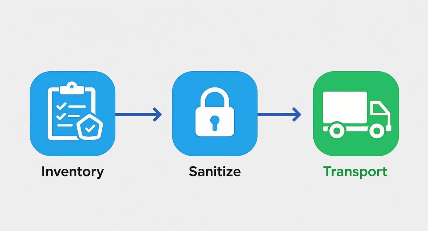 A diagram illustrates a three-step process: Inventory (clipboard), Sanitize (padlock), and Transport (truck).