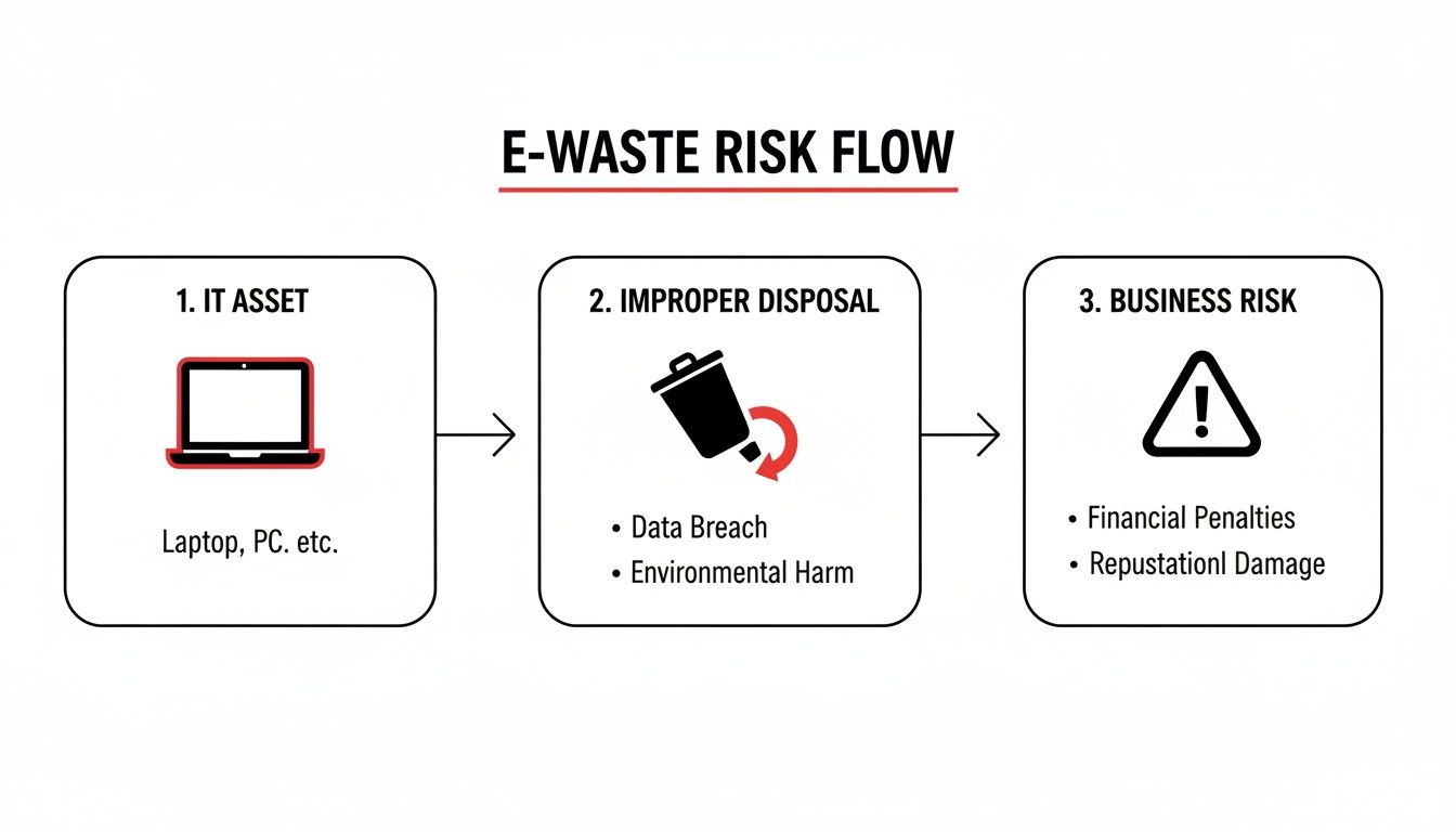 Flowchart illustrating the E-Waste Risk Flow from IT assets to improper disposal and business risks.