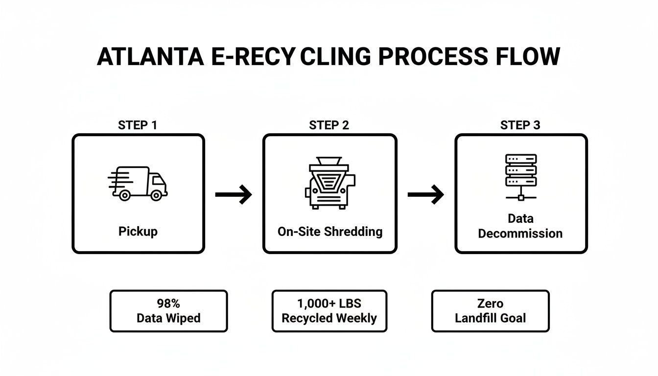 A flow chart illustrating the Atlanta e-recycling process, detailing pickup, on-site shredding, and data decommissioning steps.