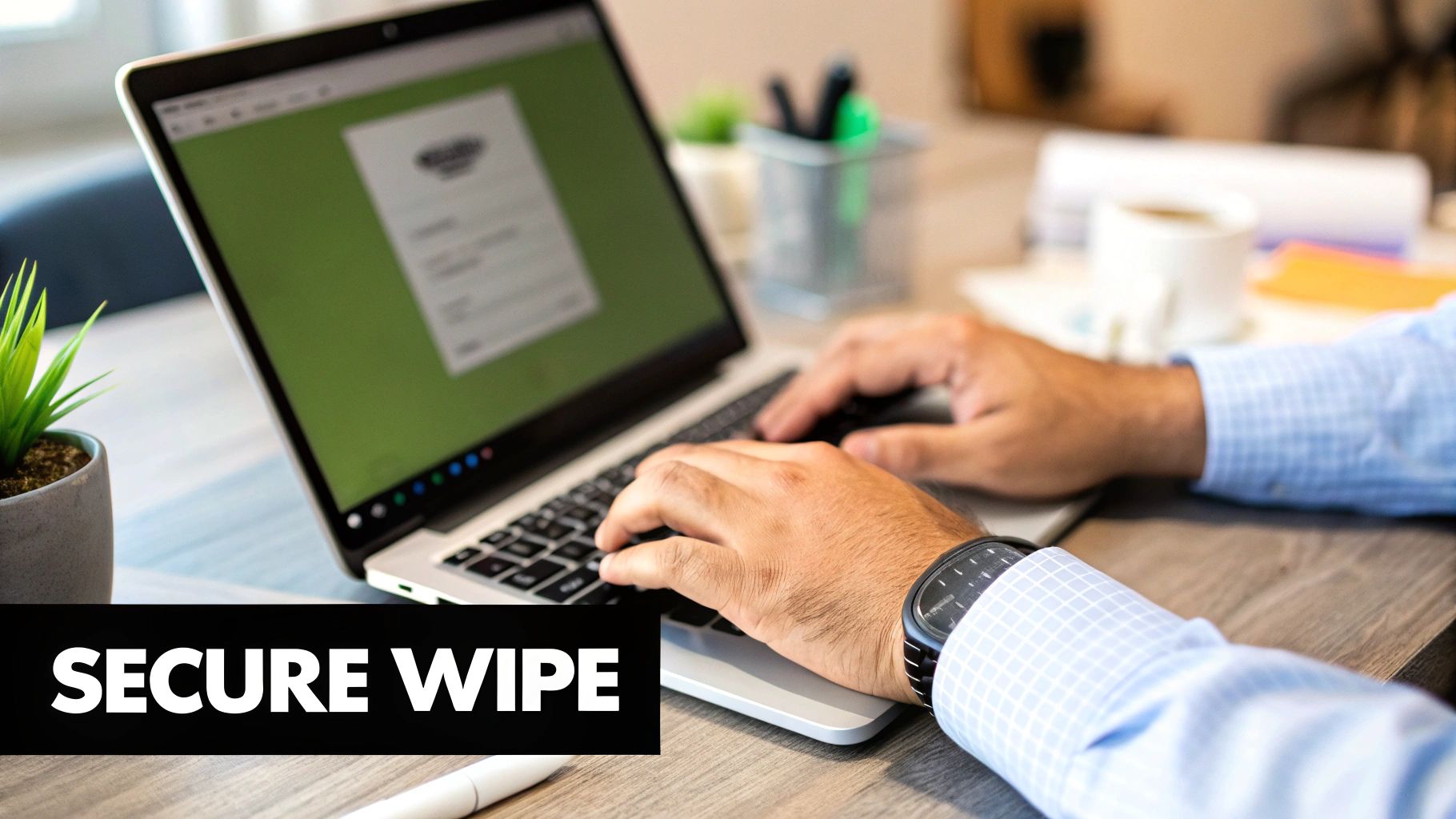 Hands typing on a laptop with a green screen, promoting secure data wiping services.